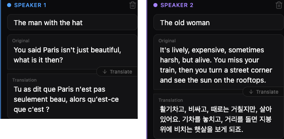 Speaker dialogue panels with original transcript and translation